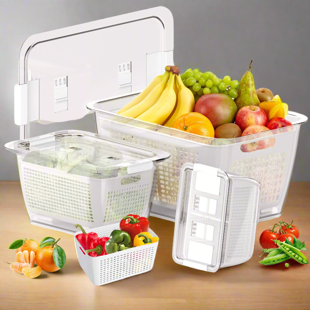 Fruit and vegetable storage containers with fresh produce on a white background