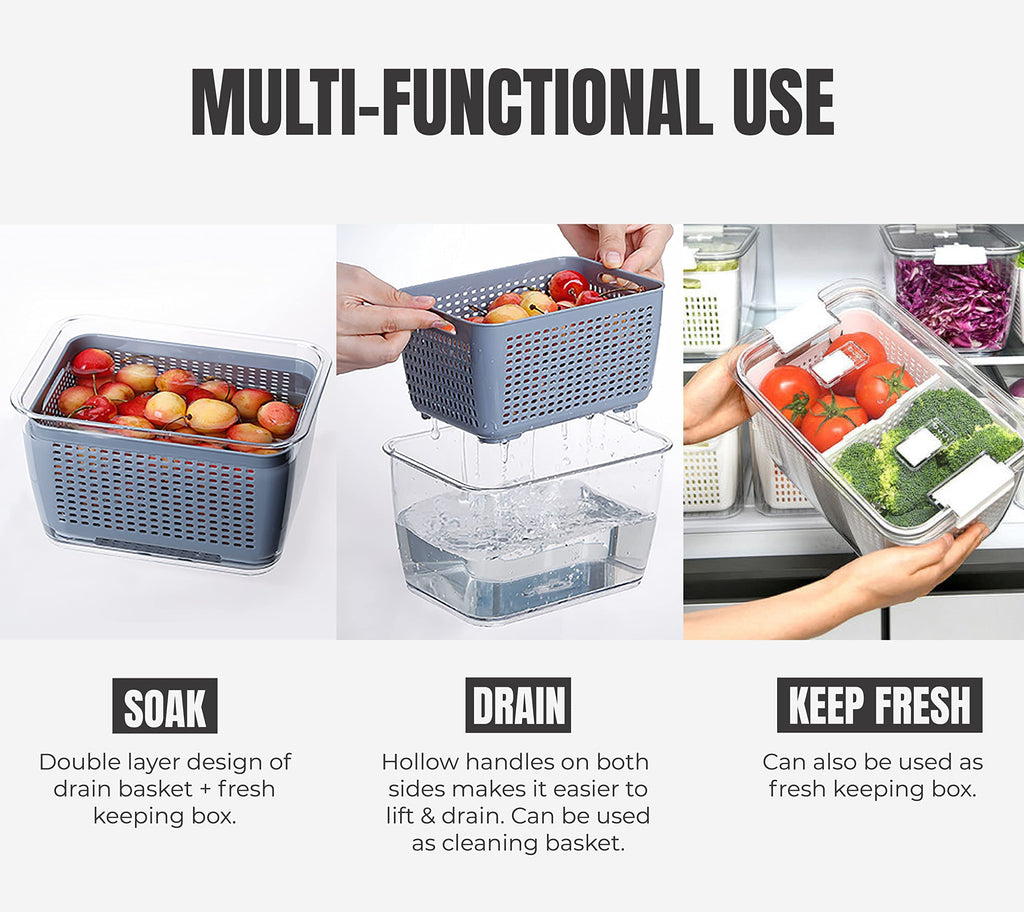 3 Piece Fridge Vegetable and Fruit Organizer Containers (grey)