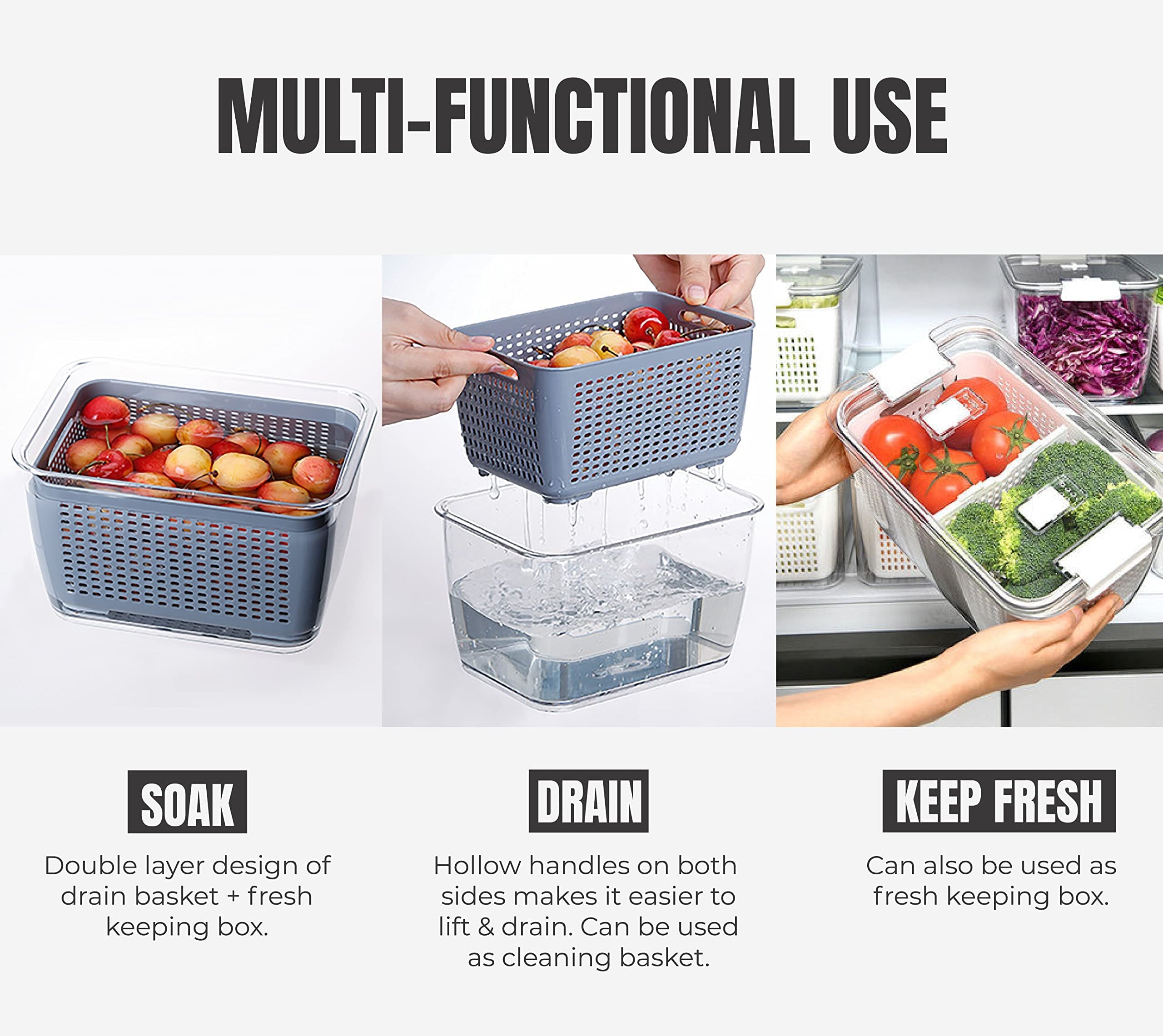 3 Piece Fridge Vegetable and Fruit Organizer Containers (grey)