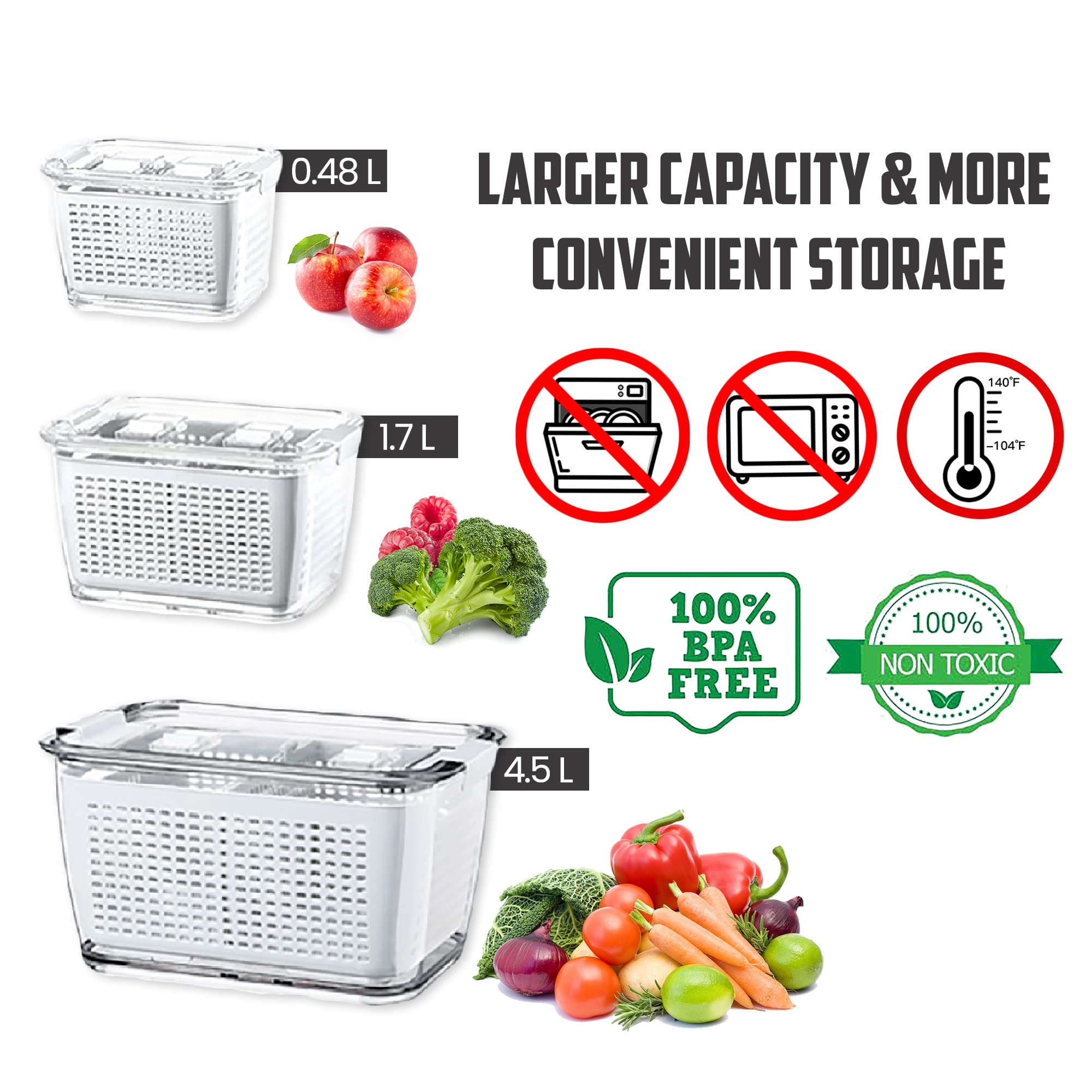 3 Piece Fridge Vegetable and Fruit Organizer Containers (white)