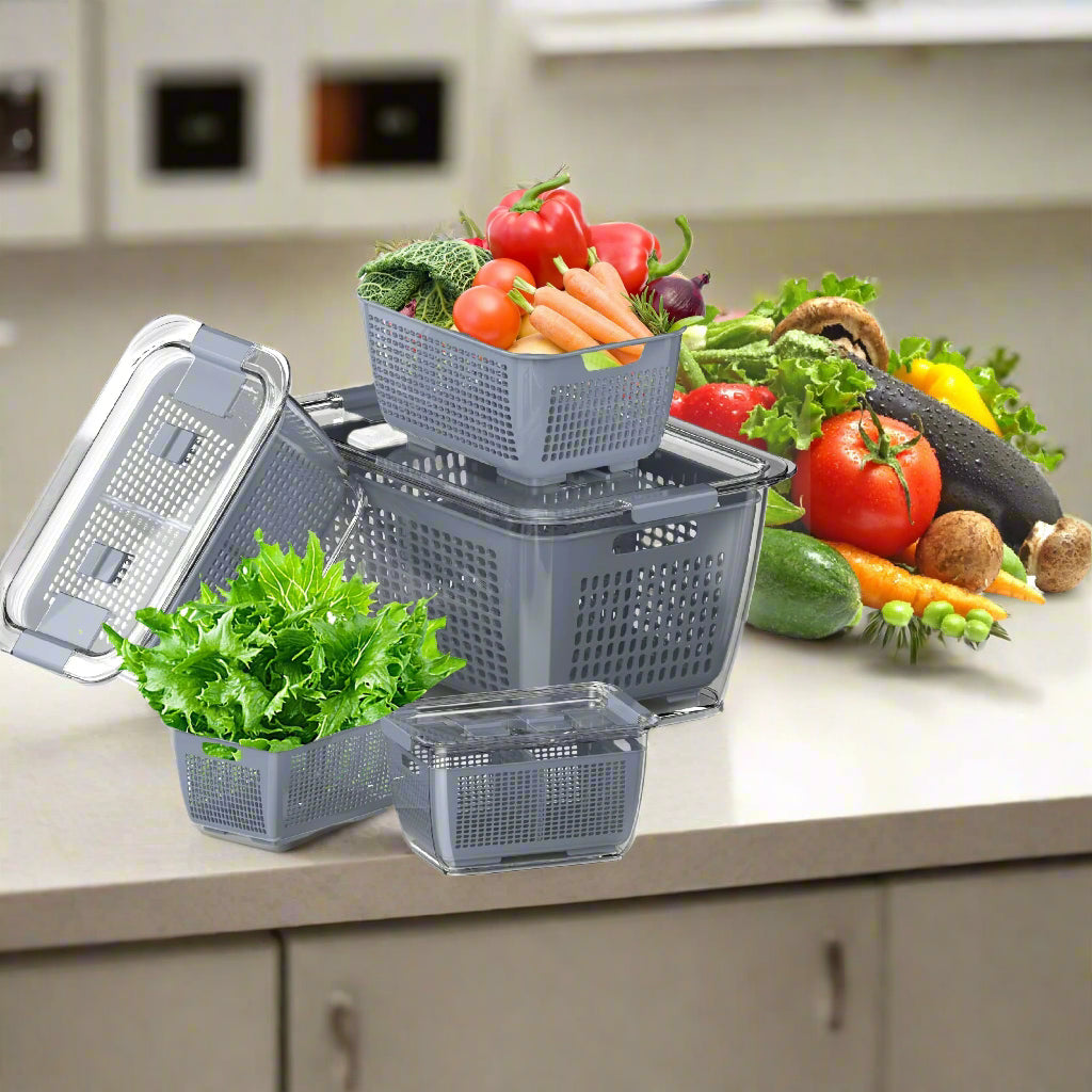 3 Piece Fridge Vegetable and Fruit Organizer Containers (grey)