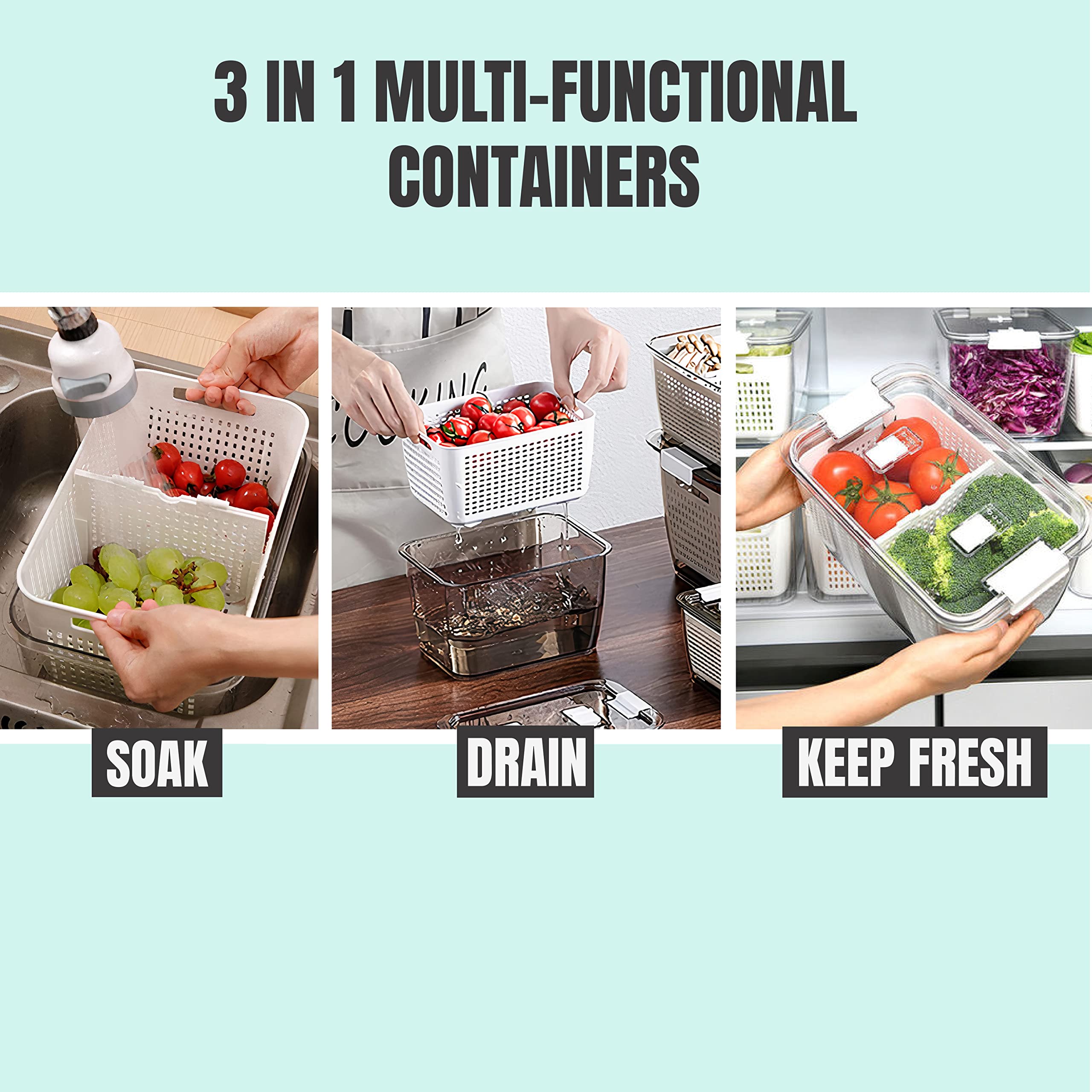 3 Piece Fridge Vegetable and Fruit Organizer Containers (white)