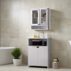 Bathroom with white cabinet, mirror, and decorative elements against a marble and gray wall.